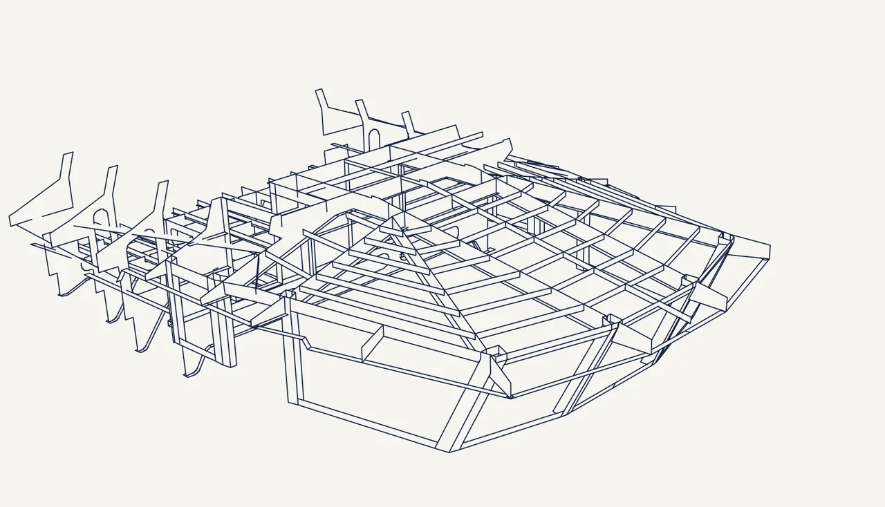 Perspective drawing of a hull structural grid, frames and longitudinals