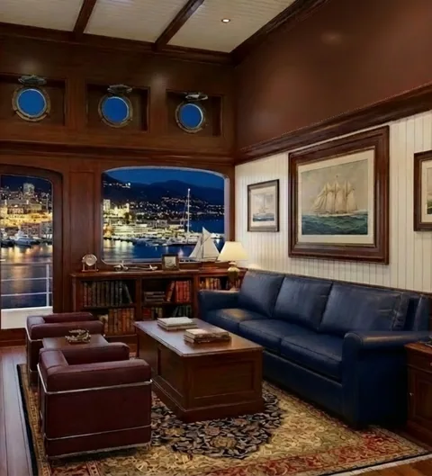Paneled saloon with leather seating and harbor view
