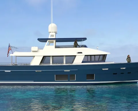 Explorer yacht rendered in profile on calm water