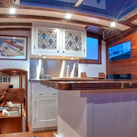Deckhouse interior with galley and joinery
